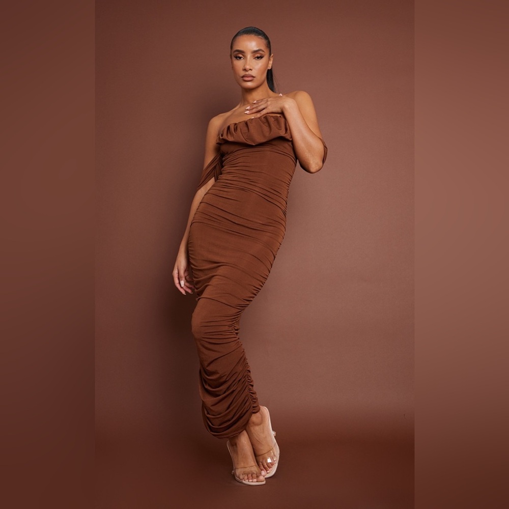 CHOCOLATE SLINKY BARDOT DRAPE DETAIL RUCHED MIDI DRESS